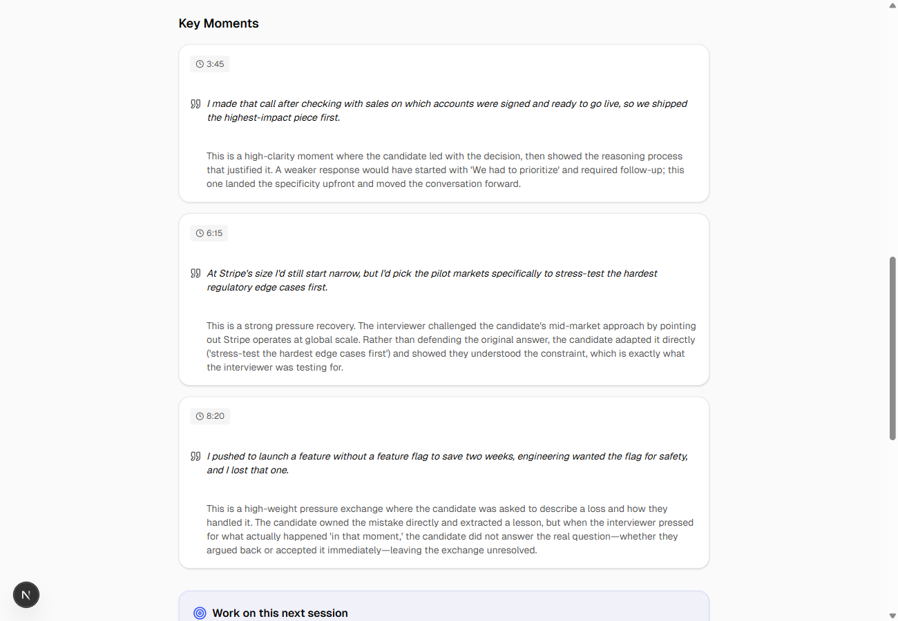 Key moments with coaching feedback